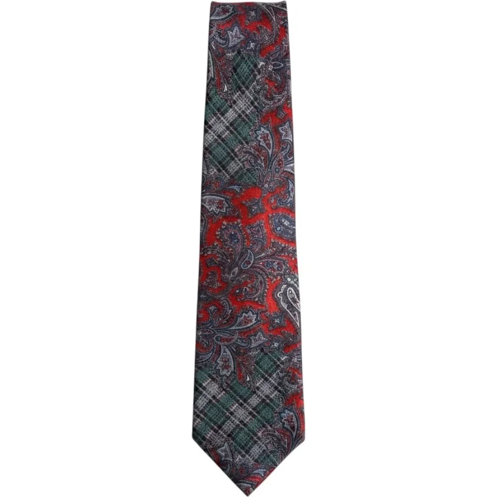 Vintage Mens Red‎ Blue Plaid Paisley 100% Silk Necktie Made in USA